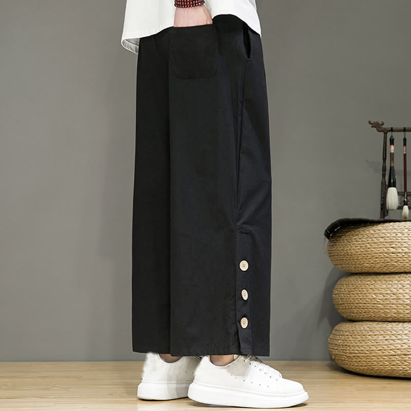 Pantaloni da uomo a gamba dritta con tasche, coulisse, bottoni in lino tinta unita con Buddha Stones - image 11