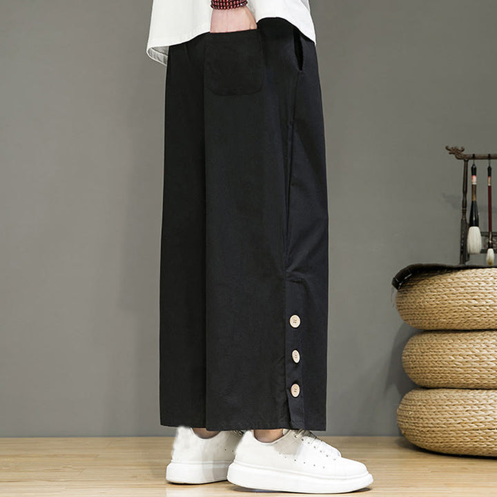 Pantaloni da uomo a gamba dritta con tasche, coulisse, bottoni in lino tinta unita con Buddha Stones - image 11