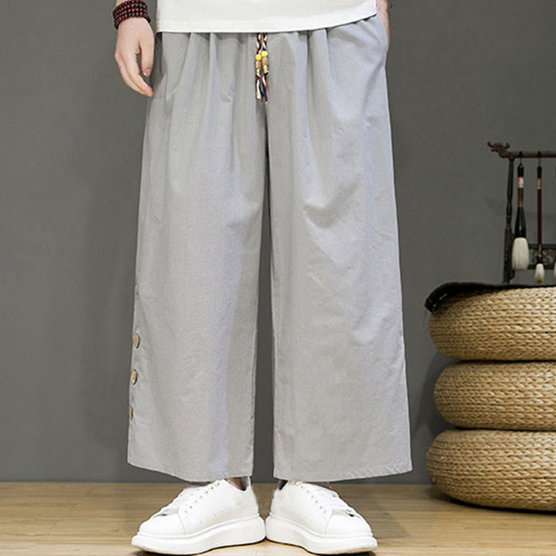 Pantaloni da uomo a gamba dritta con tasche, coulisse, bottoni in lino tinta unita con Buddha Stones - image 18