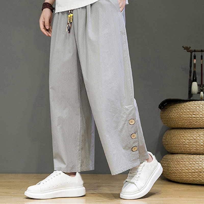 Pantaloni da uomo a gamba dritta con tasche, coulisse, bottoni in lino tinta unita con Buddha Stones - Grigio chiaro - US/UK/AU46, EU56 (5XL) - image 17