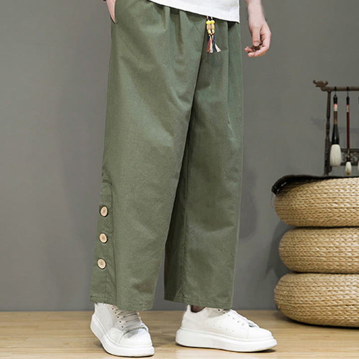 Pantaloni da uomo a gamba dritta con tasche, coulisse, bottoni in lino tinta unita con Buddha Stones - image 30