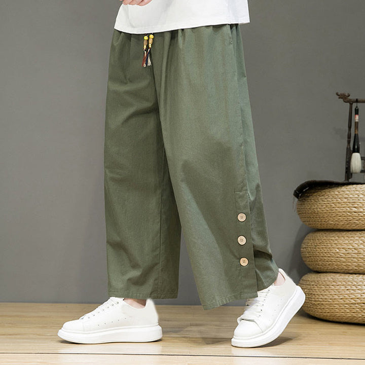 Pantaloni da uomo a gamba dritta con tasche, coulisse, bottoni in lino tinta unita con Buddha Stones - DarkSeaGreen - US/UK/AU46, EU56 (5XL) - image 26