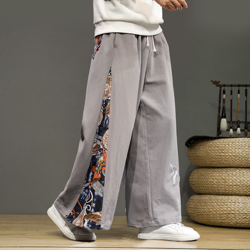 Pantaloni da uomo in cotone e lino con coulisse, gamba larga, tasche e ricamo di gru Buddha Stones - Grigio chiaro - US/UK/AU46, EU56 (5XL) - image 22