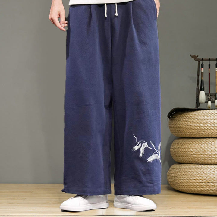 Pantaloni da uomo in cotone e lino con coulisse, gamba larga, tasche e ricamo di gru Buddha Stones - image 3