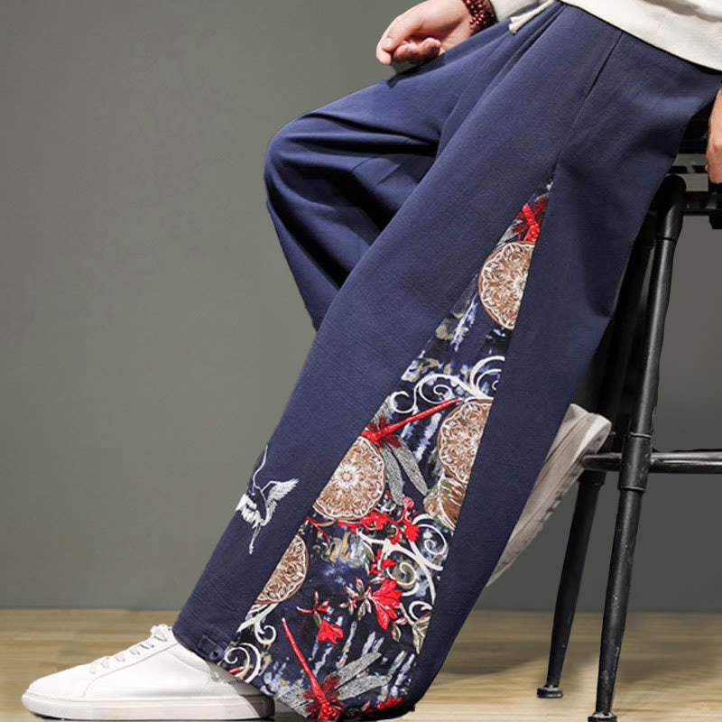 Pantaloni da uomo in cotone e lino con coulisse, gamba larga, tasche e ricamo di gru Buddha Stones - image 8