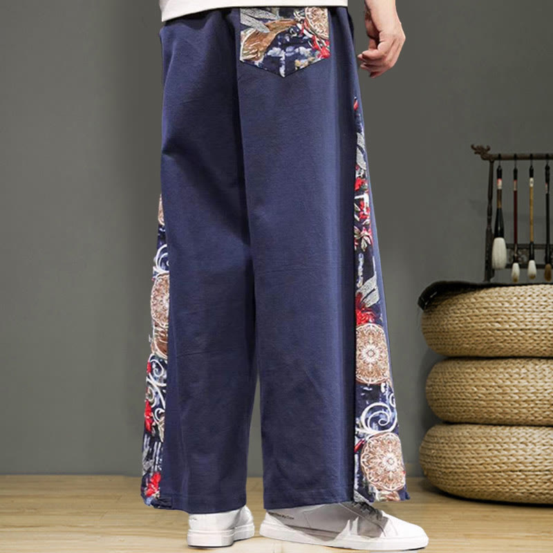 Pantaloni da uomo in cotone e lino con coulisse, gamba larga, tasche e ricamo di gru Buddha Stones - image 5
