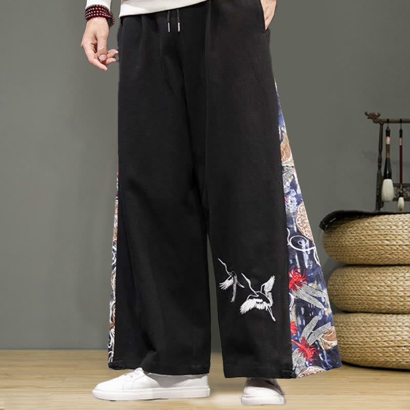 Pantaloni da uomo in cotone e lino con coulisse, gamba larga, tasche e ricamo di gru Buddha Stones - image 11