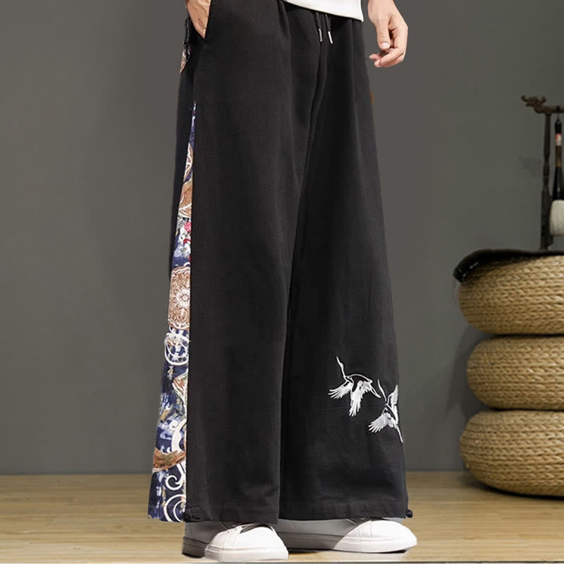 Pantaloni da uomo in cotone e lino con coulisse, gamba larga, tasche e ricamo di gru Buddha Stones - image 15