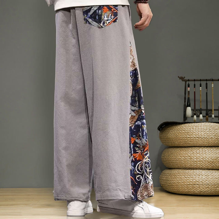 Pantaloni da uomo in cotone e lino con coulisse, gamba larga, tasche e ricamo di gru Buddha Stones - image 25