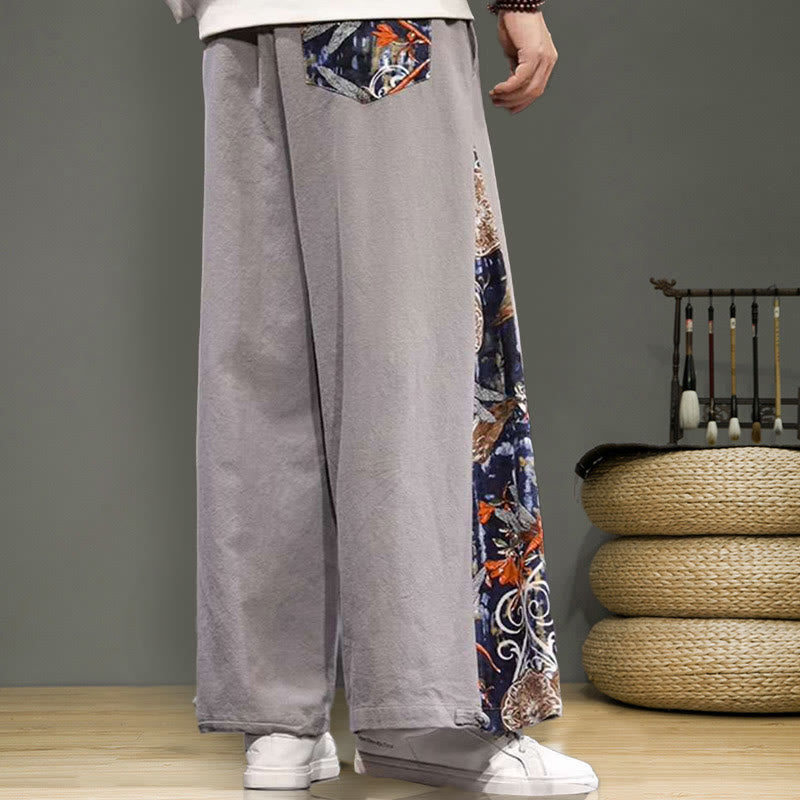 Pantaloni da uomo in cotone e lino con coulisse, gamba larga, tasche e ricamo di gru Buddha Stones - image 25