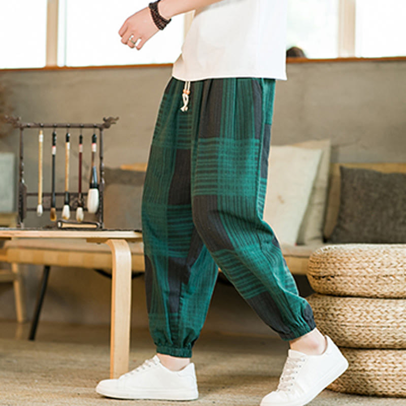 Pantaloni harem da uomo in cotone e lino a righe a quadri estivi Buddha Stones con tasche - Verde - US/UK/AU46, EU56 (5XL) - image 10