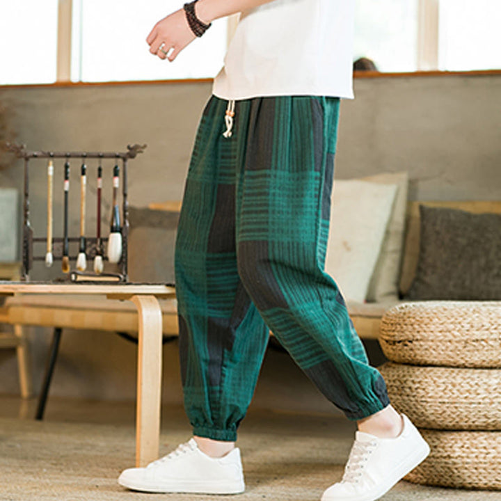 Pantaloni harem da uomo in cotone e lino a righe a quadri estivi Buddha Stones con tasche - Verde - US/UK/AU46, EU56 (5XL) - image 10