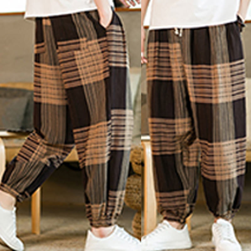 Pantaloni harem da uomo in cotone e lino a righe a quadri estivi Buddha Stones con tasche - image 9