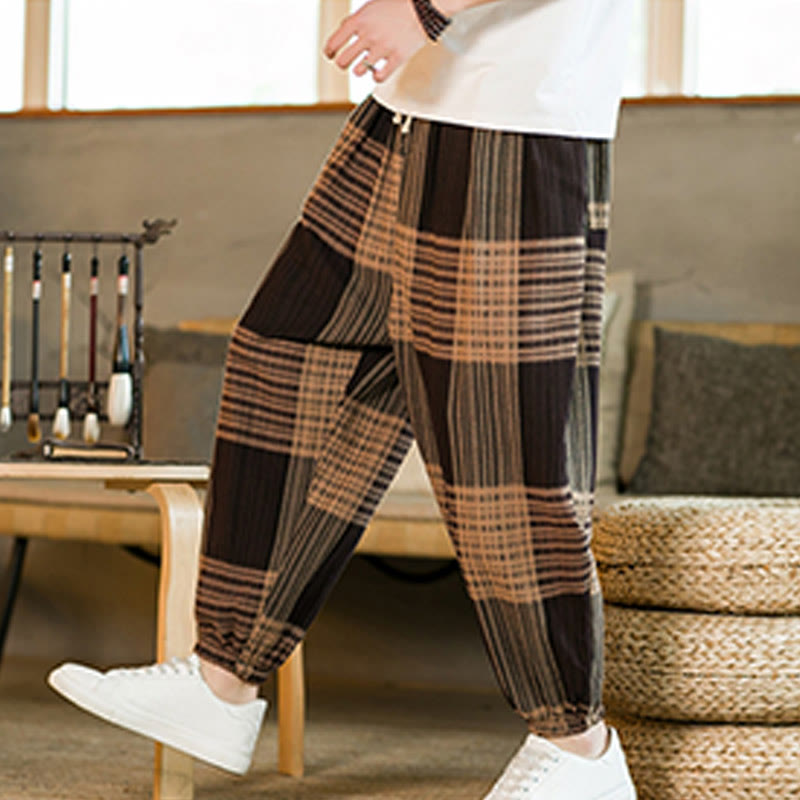 Pantaloni harem da uomo in cotone e lino a righe a quadri estivi Buddha Stones con tasche - image 6