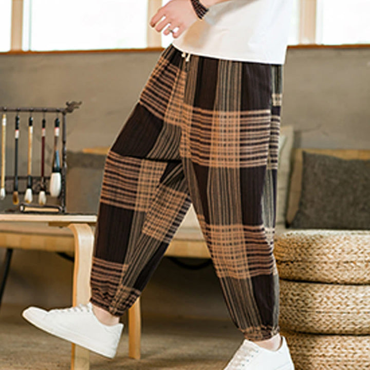 Pantaloni harem da uomo in cotone e lino a righe a quadri estivi Buddha Stones con tasche - image 6