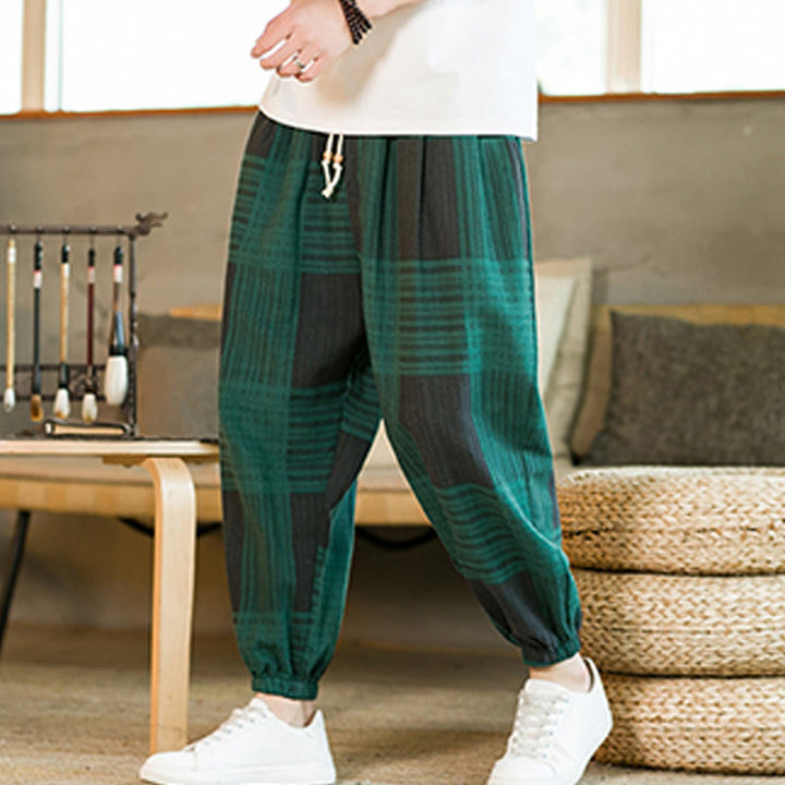 Pantaloni harem da uomo in cotone e lino a righe a quadri estivi Buddha Stones con tasche - image 11