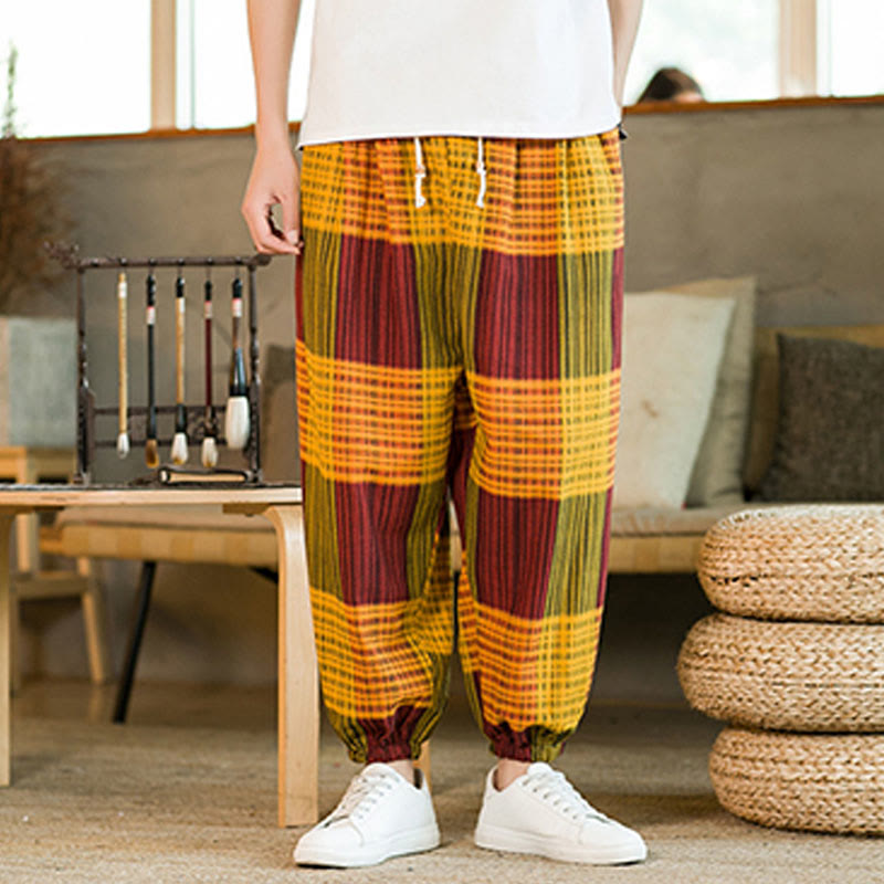 Pantaloni harem da uomo in cotone e lino a righe a quadri estivi Buddha Stones con tasche - image 21