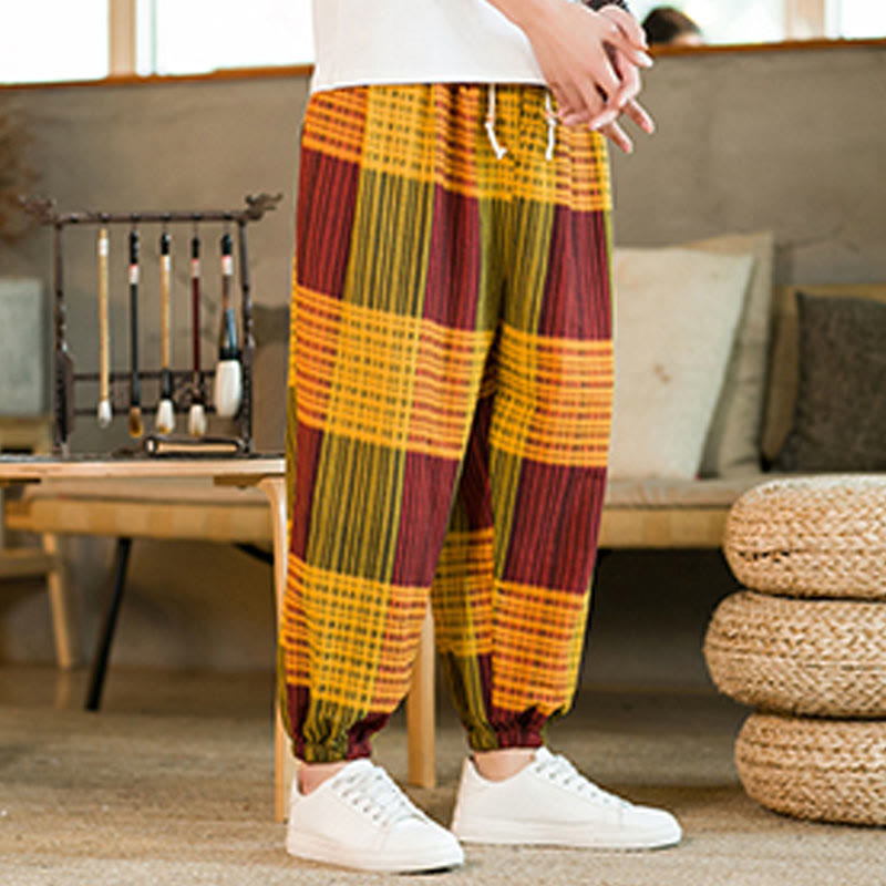 Pantaloni harem da uomo in cotone e lino a righe a quadri estivi Buddha Stones con tasche - image 23