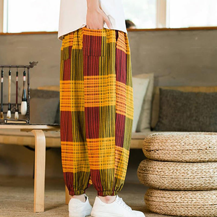 Pantaloni harem da uomo in cotone e lino a righe a quadri estivi Buddha Stones con tasche - image 24