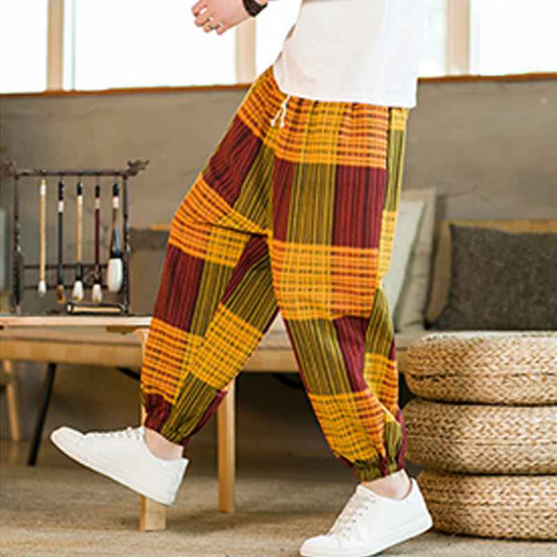 Pantaloni harem da uomo in cotone e lino a righe a quadri estivi Buddha Stones con tasche - image 25