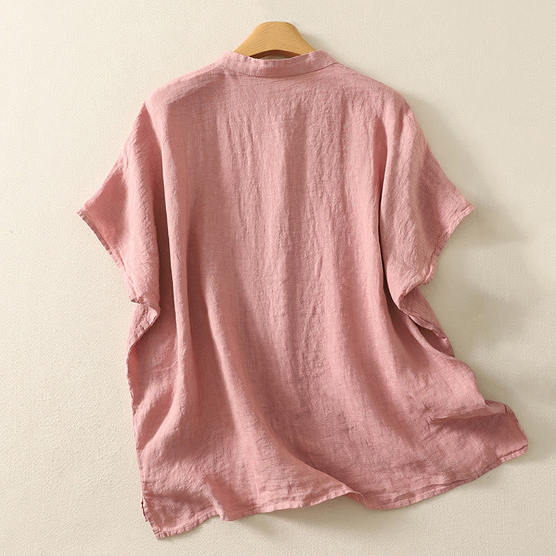 Camicia da donna in cotone e lino con maniche corte, tinta unita, estiva, bottoni rossi , Buddha Stones - image 6