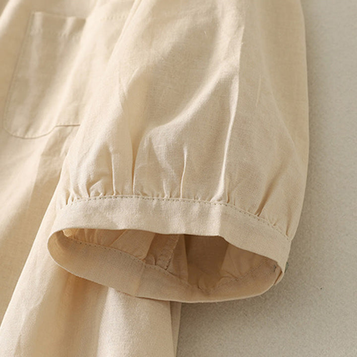Camicia da donna in cotone e lino con maniche a sbuffo e stampa quotidiana di Buddha Stones e motivo a giglio - image 15
