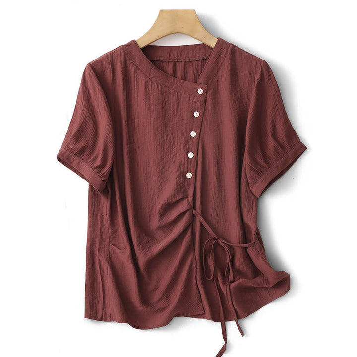 Camicia da donna in cotone a maniche corte con lacci asimmetrici e motivo Buddha Stones - Mattoni refrattari - US8-10, UK/AU12-14, EU40-42 (2XL) - image 18