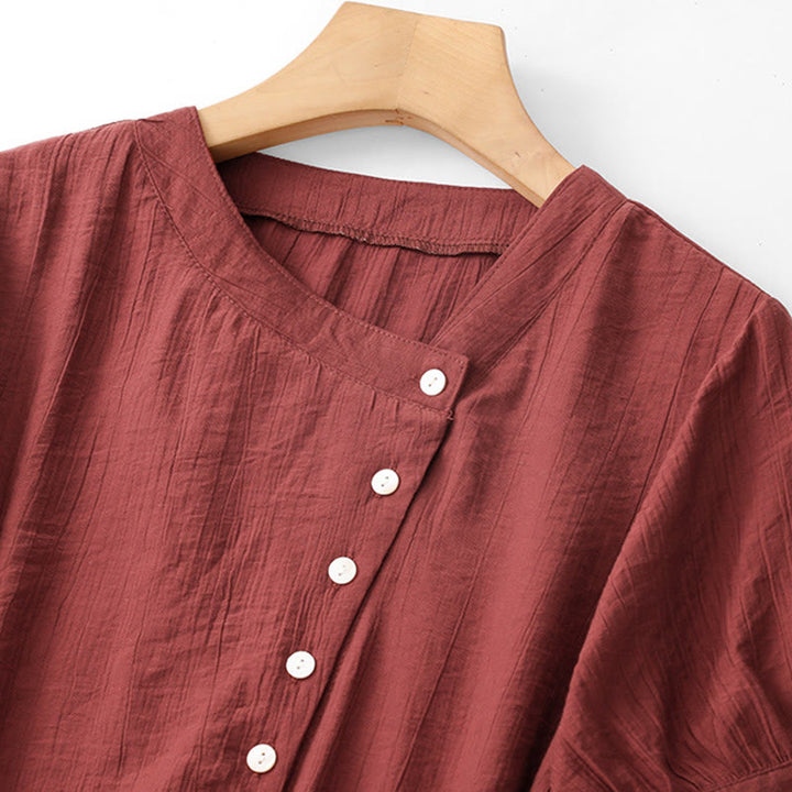 Camicia da donna in cotone a maniche corte con lacci asimmetrici e motivo Buddha Stones - image 19
