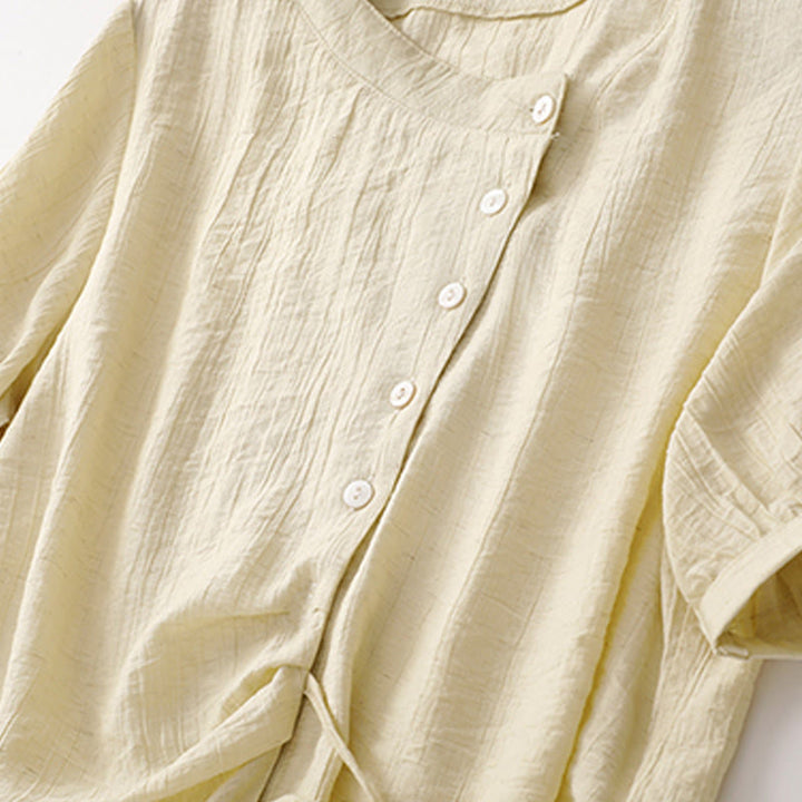 Camicia da donna in cotone a maniche corte con lacci asimmetrici e motivo Buddha Stones - image 11