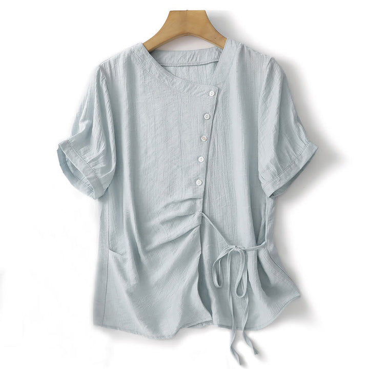 Camicia da donna in cotone a maniche corte con lacci asimmetrici e motivo Buddha Stones - Blu polvere - US8-10, UK/AU12-14, EU40-42 (2XL) - image 1