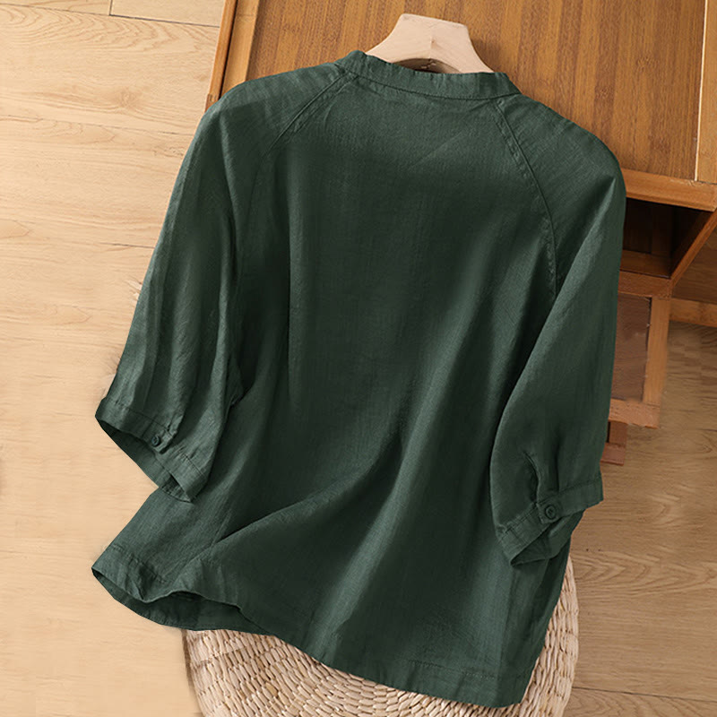 Camicia da donna in cotone e lino con maniche a tre quarti e tasche Buddha Stones Daily - image 21
