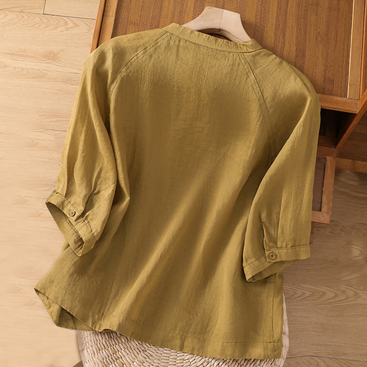 Camicia da donna in cotone e lino con maniche a tre quarti e tasche Buddha Stones Daily - image 11
