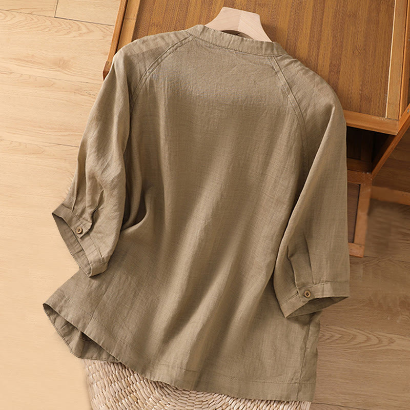 Camicia da donna in cotone e lino con maniche a tre quarti e tasche Buddha Stones Daily - image 2