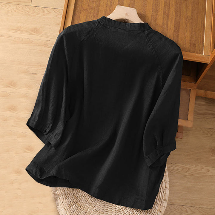 Camicia da donna in cotone e lino con maniche a tre quarti e tasche Buddha Stones Daily - image 9