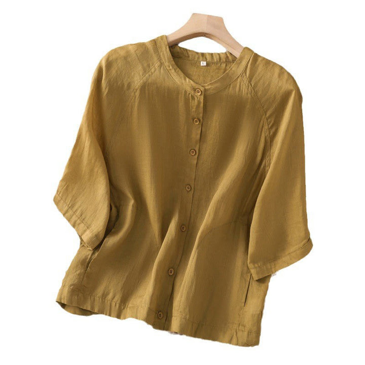 Camicia da donna in cotone e lino con maniche a tre quarti e tasche Buddha Stones Daily - image 19