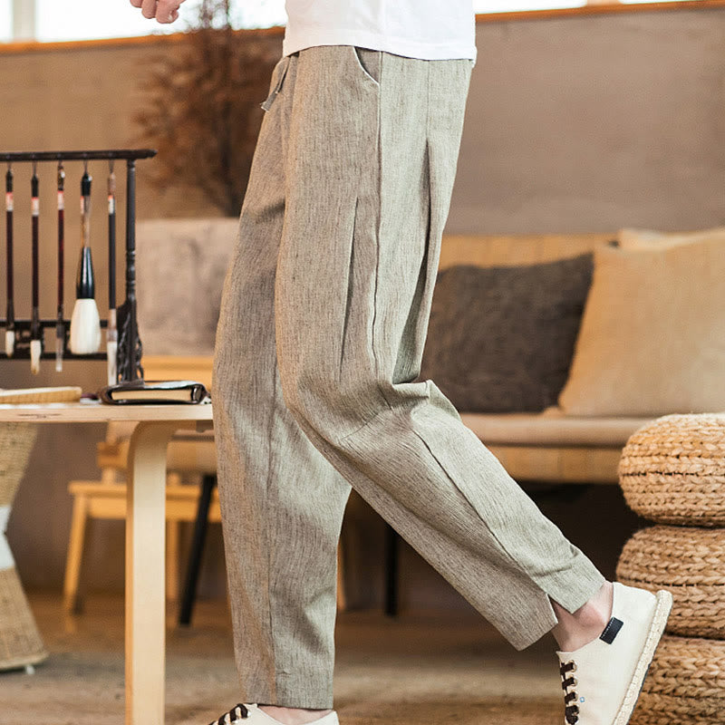 Pantaloni da uomo affusolati in lino tinta unita con coulisse e tasche Buddha Stones - image 3