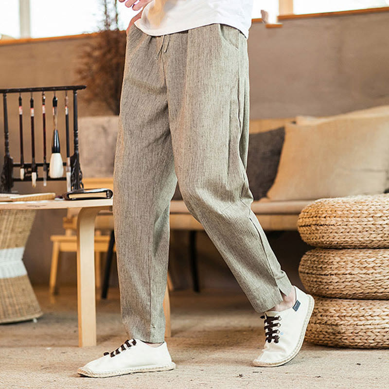 Pantaloni da uomo affusolati in lino tinta unita con coulisse e tasche Buddha Stones - Abbronzatura - US/UK/AU46, EU56 (5XL) - image 1