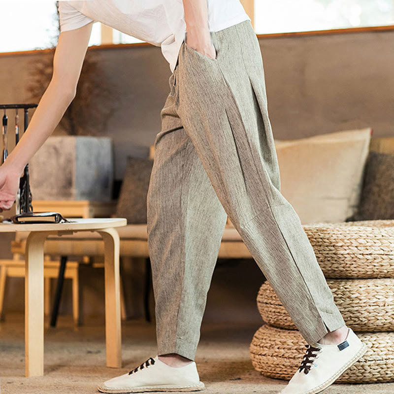 Pantaloni da uomo affusolati in lino tinta unita con coulisse e tasche Buddha Stones - image 7