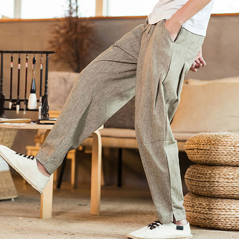 Pantaloni da uomo affusolati in lino tinta unita con coulisse e tasche Buddha Stones - image 8