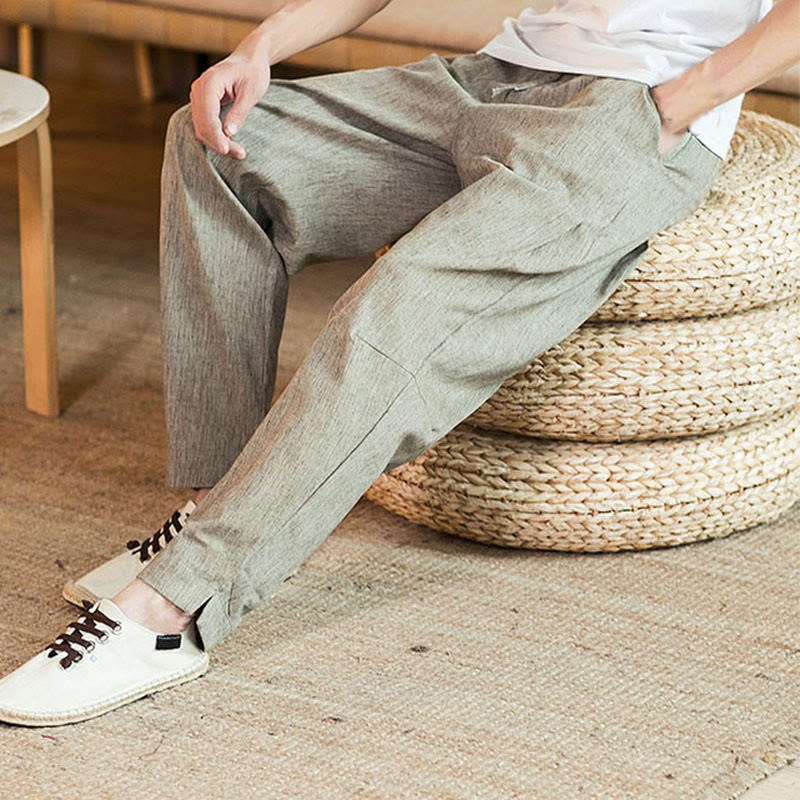 Pantaloni da uomo affusolati in lino tinta unita con coulisse e tasche Buddha Stones - image 9