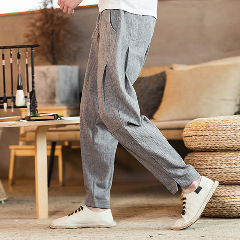 Pantaloni da uomo affusolati in lino tinta unita con coulisse e tasche Buddha Stones - image 13