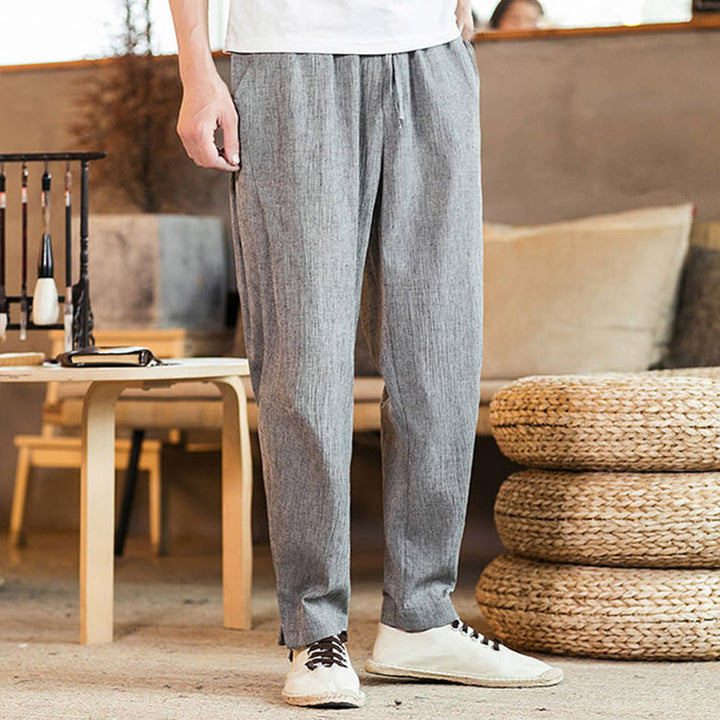 Pantaloni da uomo affusolati in lino tinta unita con coulisse e tasche Buddha Stones - image 12