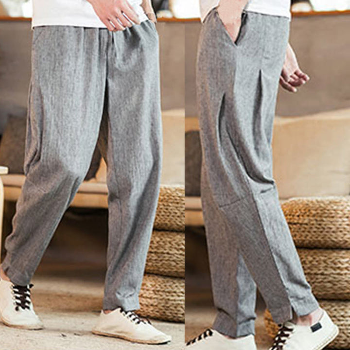 Pantaloni da uomo affusolati in lino tinta unita con coulisse e tasche Buddha Stones - image 18