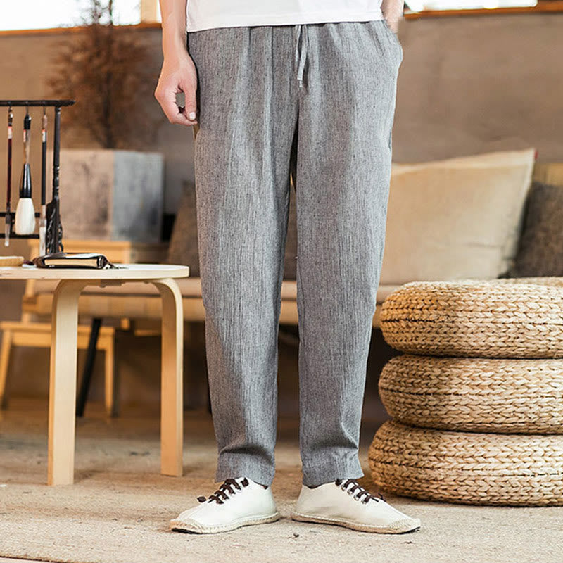 Pantaloni da uomo affusolati in lino tinta unita con coulisse e tasche Buddha Stones - Grigio scuro - US/UK/AU46, EU56 (5XL) - image 11