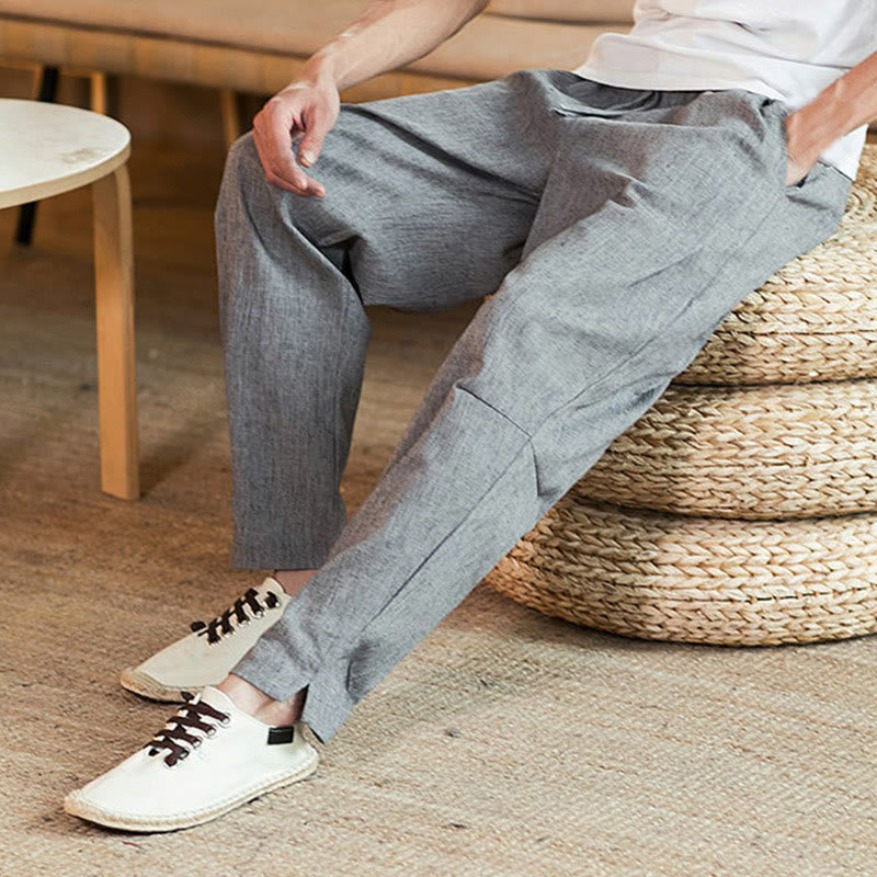 Pantaloni da uomo affusolati in lino tinta unita con coulisse e tasche Buddha Stones - image 17