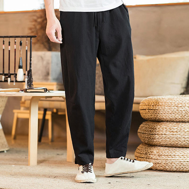 Pantaloni da uomo affusolati in lino tinta unita con coulisse e tasche Buddha Stones - image 21