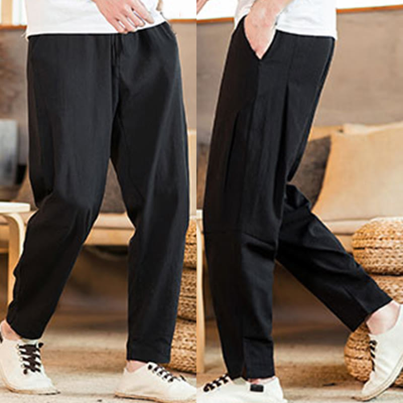 Pantaloni da uomo affusolati in lino tinta unita con coulisse e tasche Buddha Stones - image 26