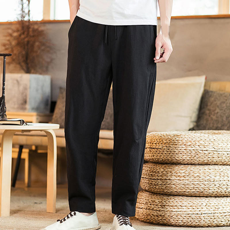 Pantaloni da uomo affusolati in lino tinta unita con coulisse e tasche Buddha Stones - image 22