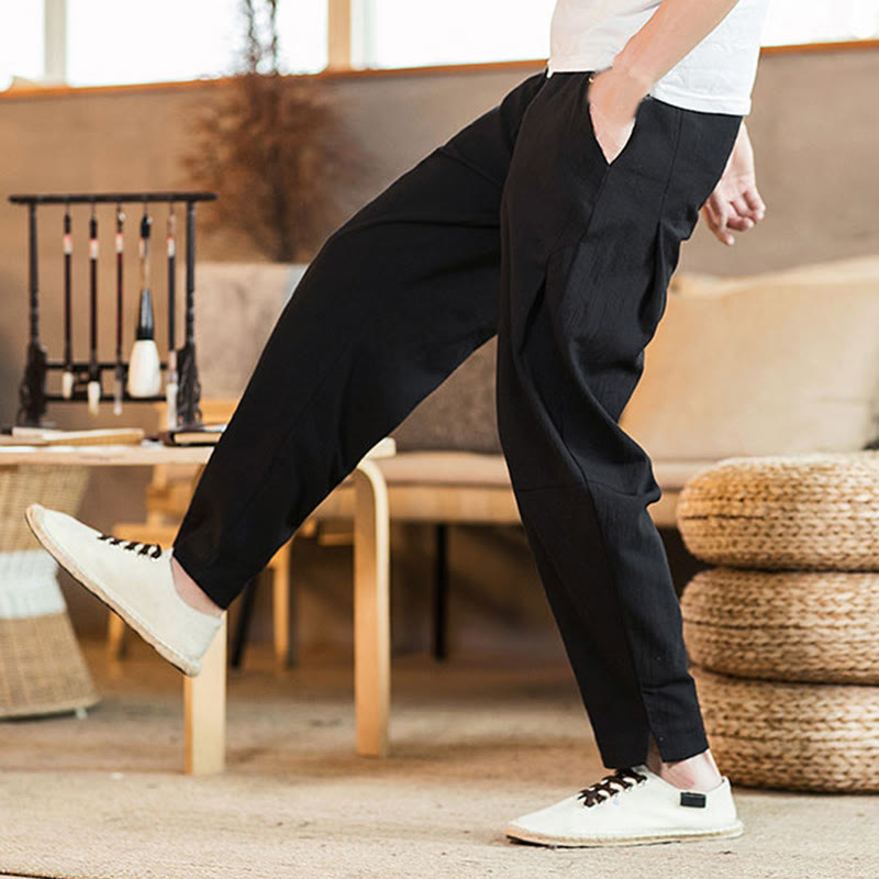 Pantaloni da uomo affusolati in lino tinta unita con coulisse e tasche Buddha Stones - image 25