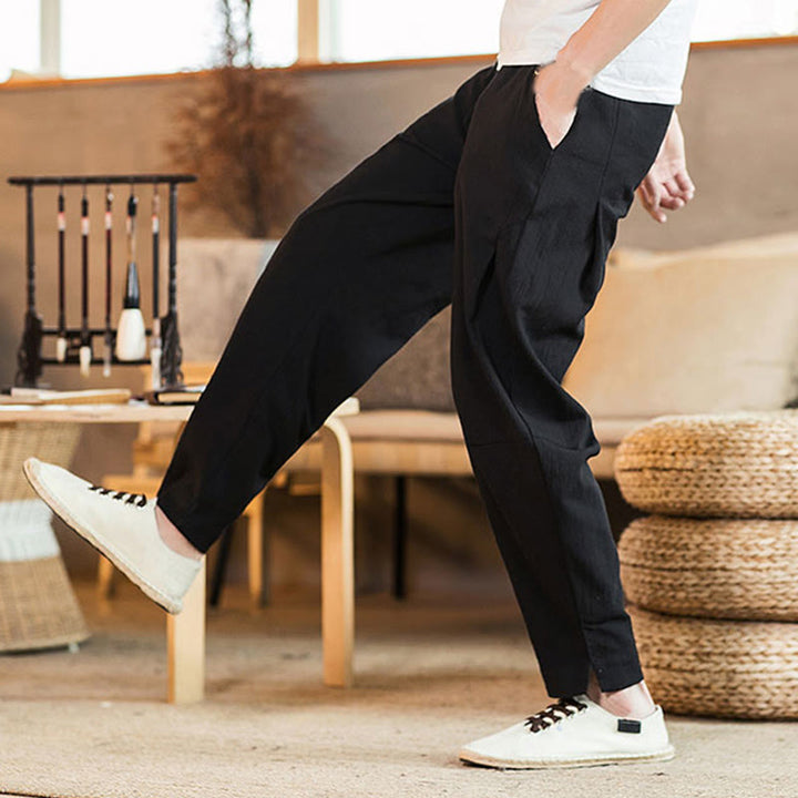 Pantaloni da uomo affusolati in lino tinta unita con coulisse e tasche Buddha Stones - image 25